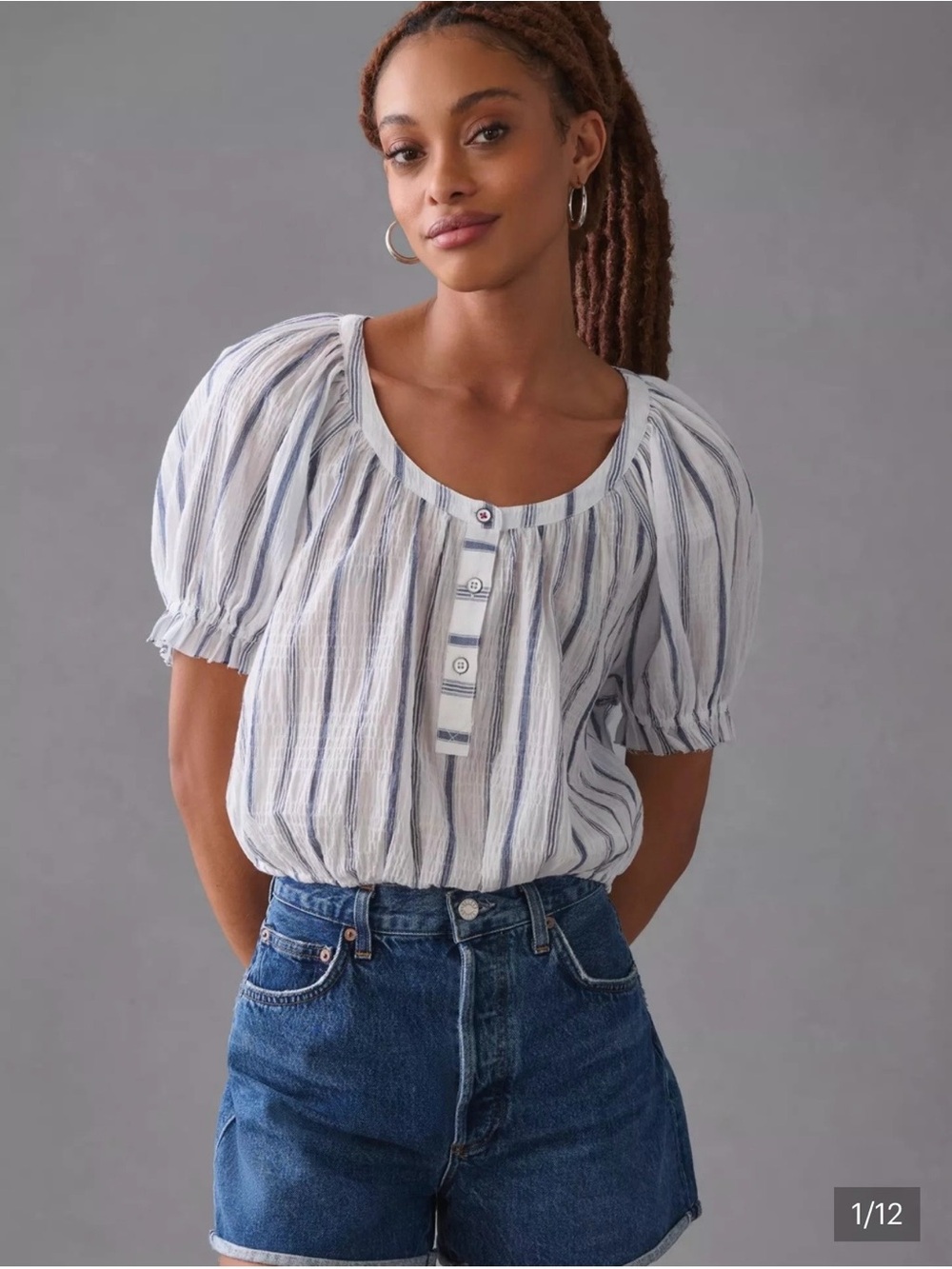 Pilcro Anthropologie Striped Puff Sleeve Blouse Womens Size M Blue White Cotton